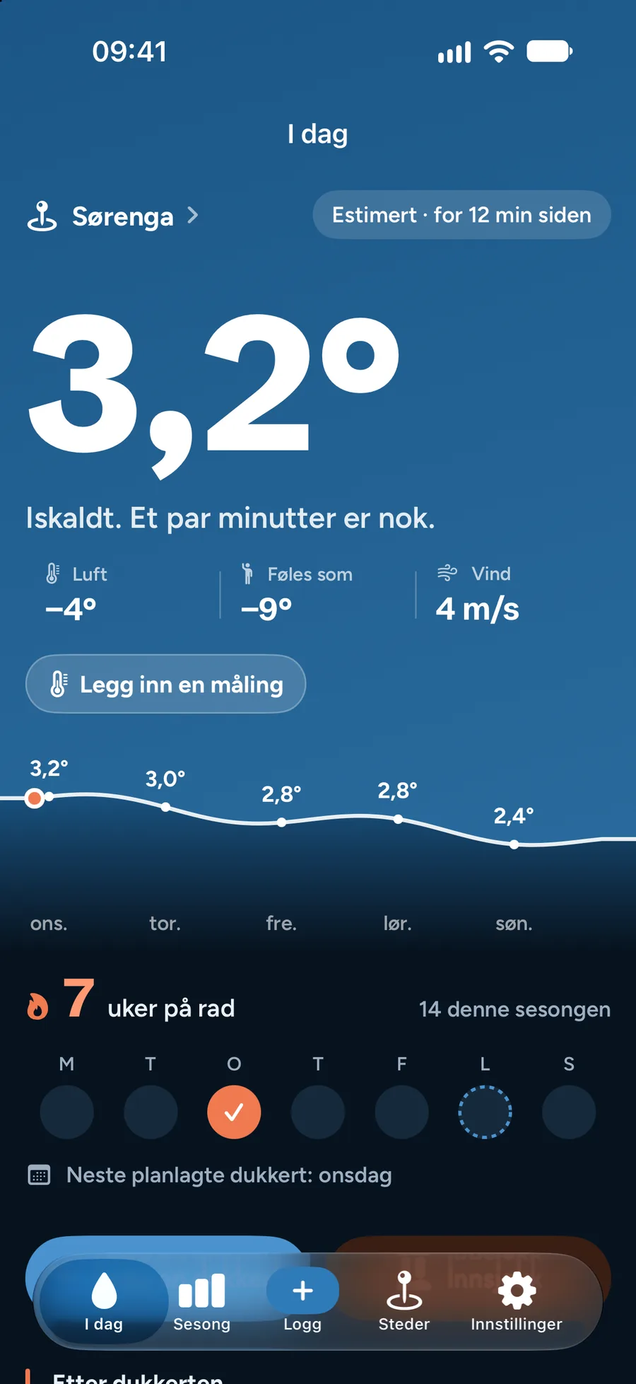 Svalk viser 3,2 grader i vannet ved Sørenga, med prognose for de neste dagene.